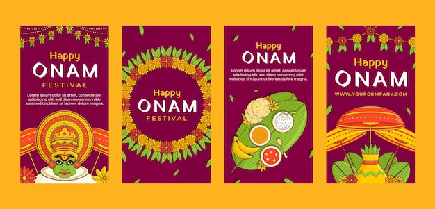 Free Vector hand drawn instagram stories collection for onam festival celebration