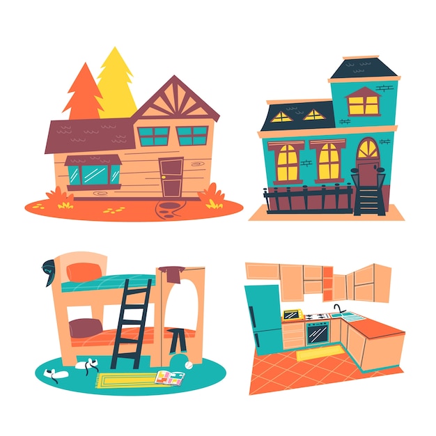 Hand drawn interior and exterior houses