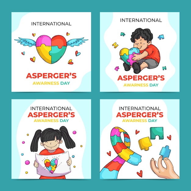 Free vector hand drawn international asperger day instagram posts collection