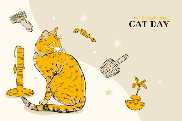 Free Vector hand drawn international cat day background with cat and elements