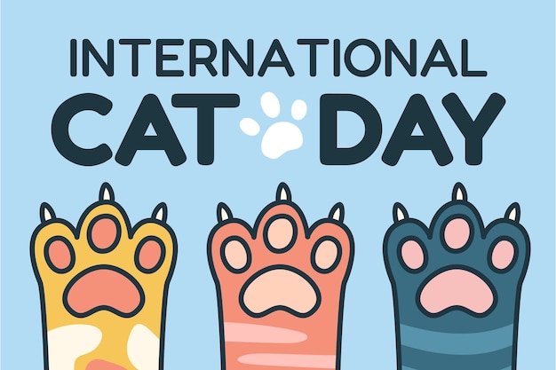 Hand drawn international cat day background with cat paws