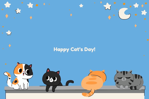 Hand drawn international cat day background with cats at night