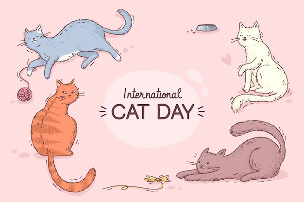 Hand drawn international cat day background with cats playing