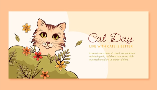 Free vector hand drawn international cat day horizontal banner template