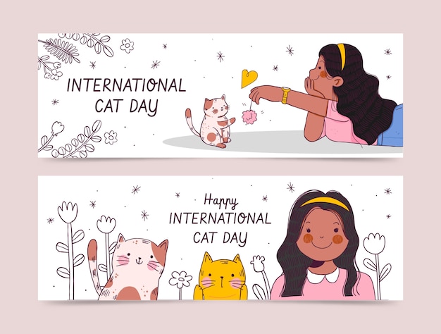 Hand drawn international cat day horizontal banners set