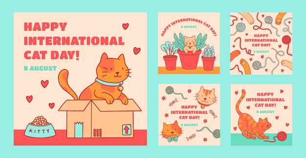 Hand drawn international cat day ig post set