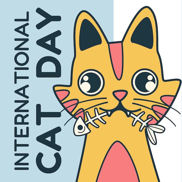 Hand drawn international cat day illustration with cat and fish bones