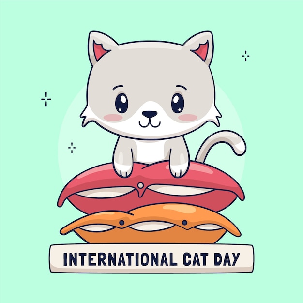 Free vector hand drawn international cat day illustration with cat on pillows