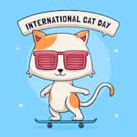 Free vector hand drawn international cat day illustration with cool cat on skateboard