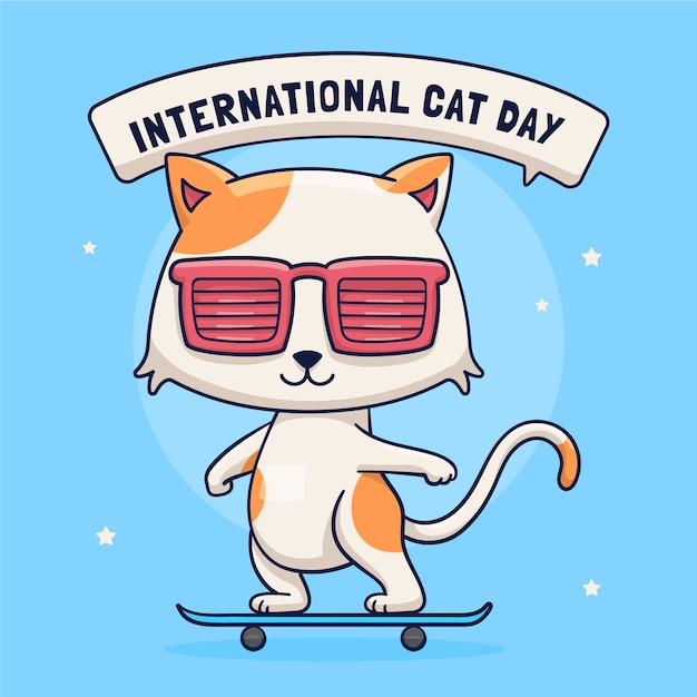 Hand drawn international cat day illustration with cool cat on skateboard