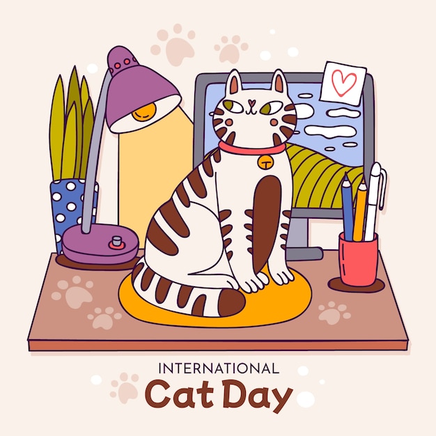 Free vector hand drawn international cat day illustration