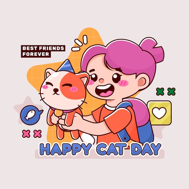 Hand drawn international cat day illustration