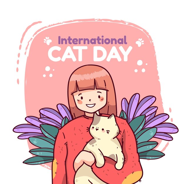 Hand drawn international cat day illustration