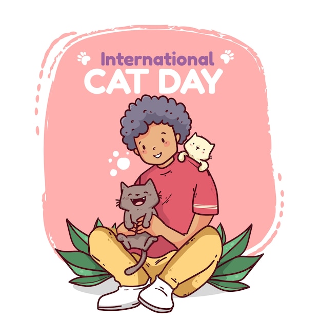 Hand drawn international cat day illustration