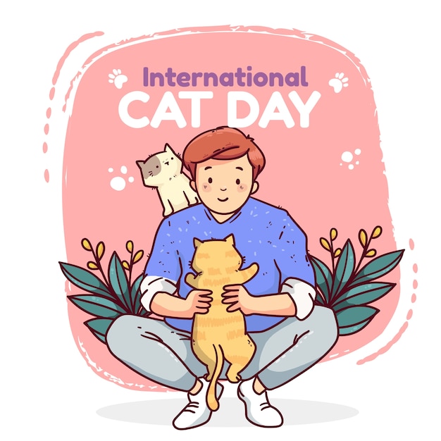 Hand drawn international cat day illustration