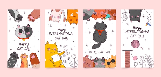 Free Vector hand drawn international cat day instagram posts collection