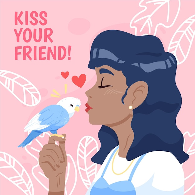 Free Vector hand drawn international kissing day illustration with woman and bird