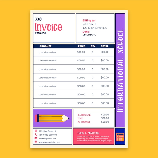 Hand drawn international school  invoice