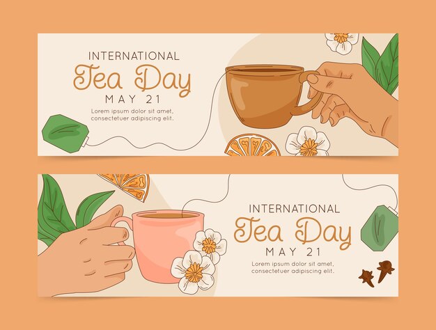 Hand drawn international tea day horizontal banners pack