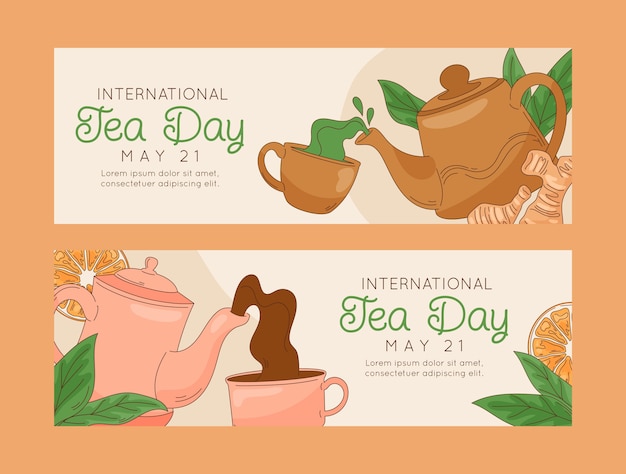 Hand drawn international tea day horizontal banners pack