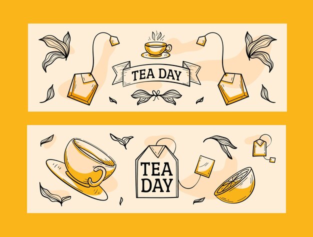 Hand drawn international tea day horizontal banners pack