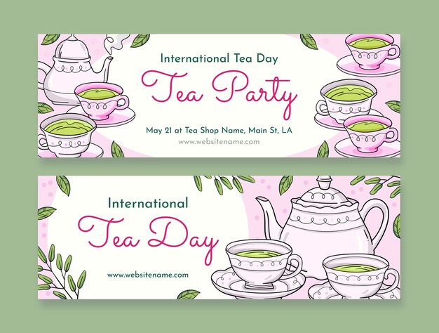 Hand drawn international tea day horizontal banners pack