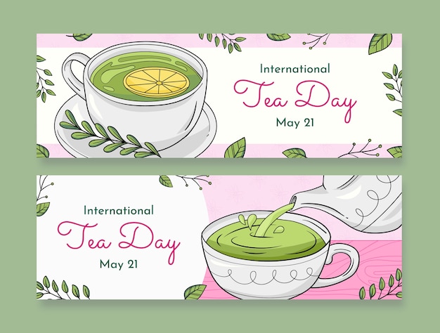 Hand drawn international tea day horizontal banners pack