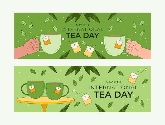 Free Vector hand drawn international tea day horizontal banners pack