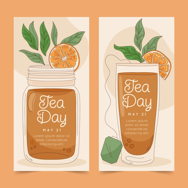 Hand drawn international tea day vertical banners pack