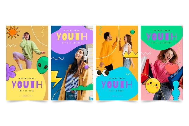 Free Vector hand drawn international youth day stories collection with photo