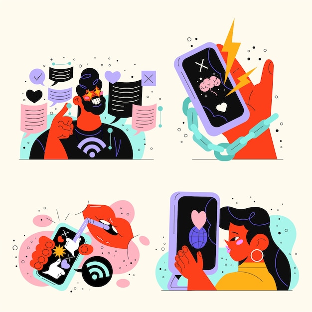 Free Vector hand drawn internet addiction illustration set