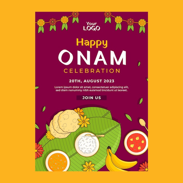 Hand drawn invitation template for onam festival celebration