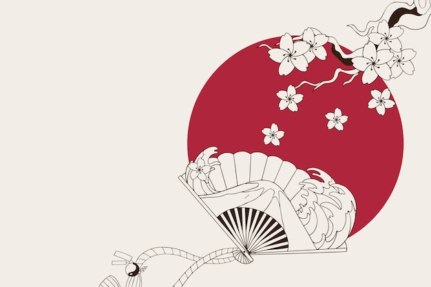 Hand drawn japanese illustration of cherry tree flowers and japanese fan