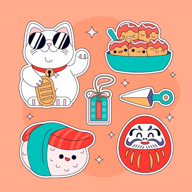 Free Vector hand drawn japanese sticker set