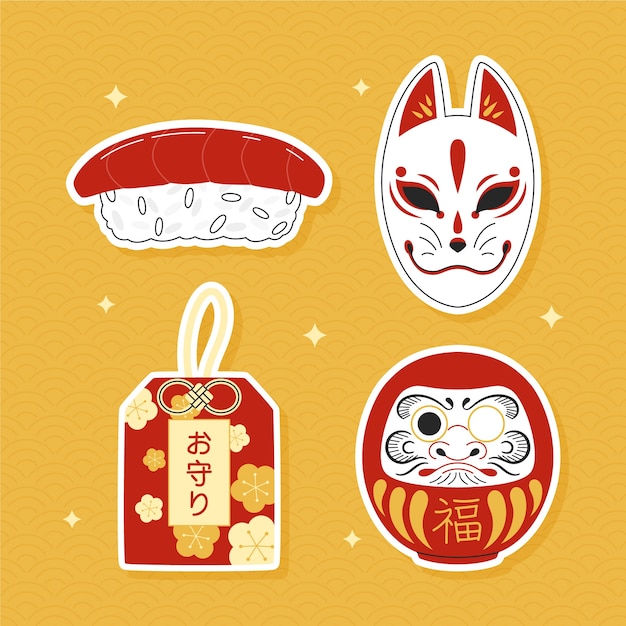 Hand drawn japanese sticker set