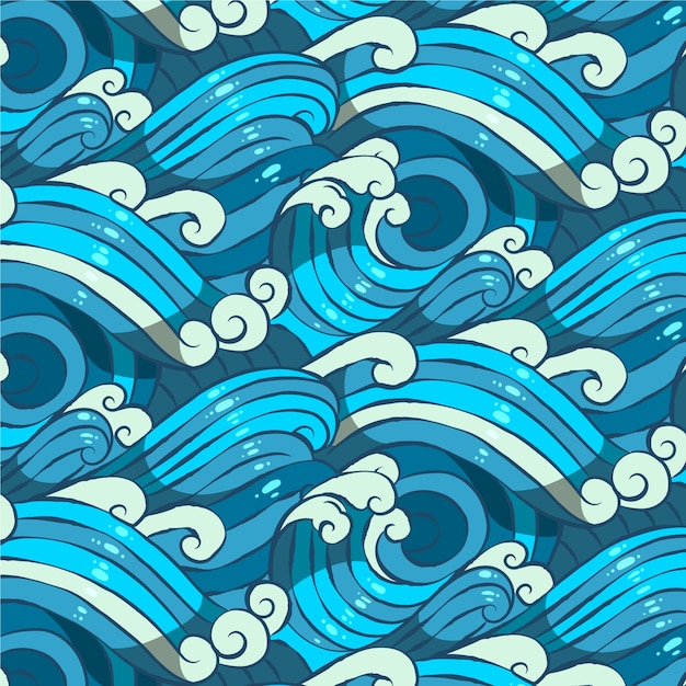 Hand drawn japanese wave pattern set