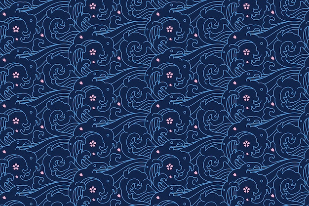 Hand drawn japanese wave pattern set