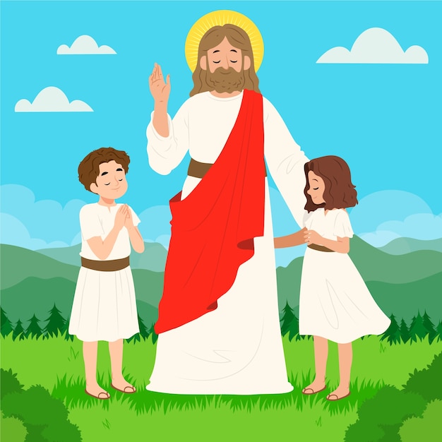 Free Vector hand drawn jesus with children illustration