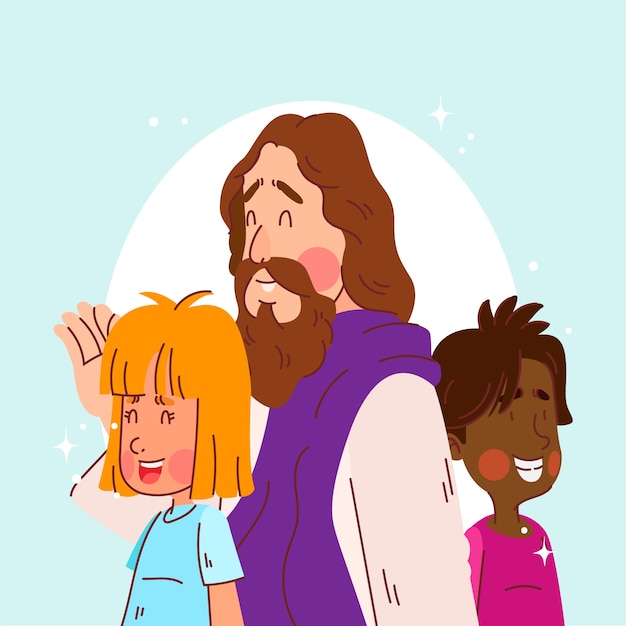 Free Vector hand drawn jesus with children illustration