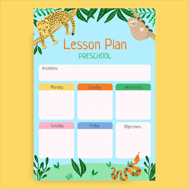 Hand drawn jungle animals preschool lesson plan