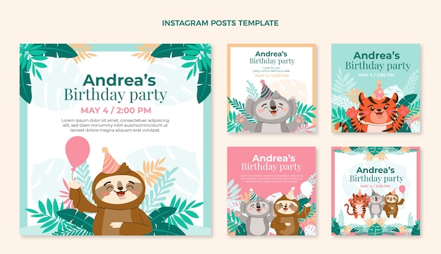 Free Vector hand drawn jungle birthday party instagram posts