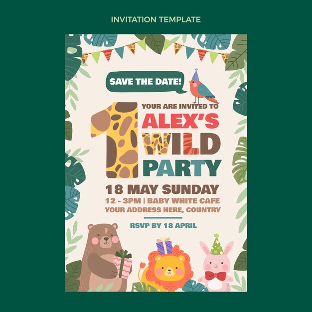 Hand drawn jungle birthday party invitation template