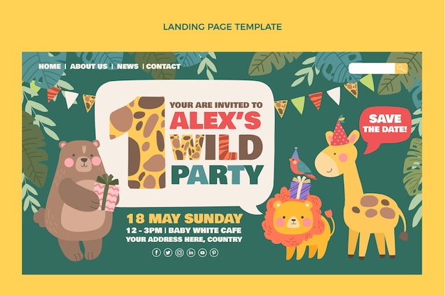 Hand drawn jungle birthday party landing page template