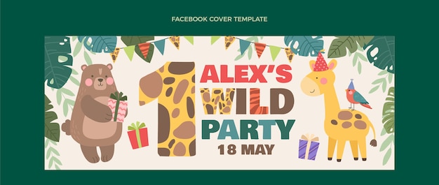 Hand drawn jungle birthday party social media cover template