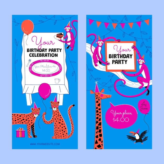 Free Vector hand drawn jungle birthday party vertical banners