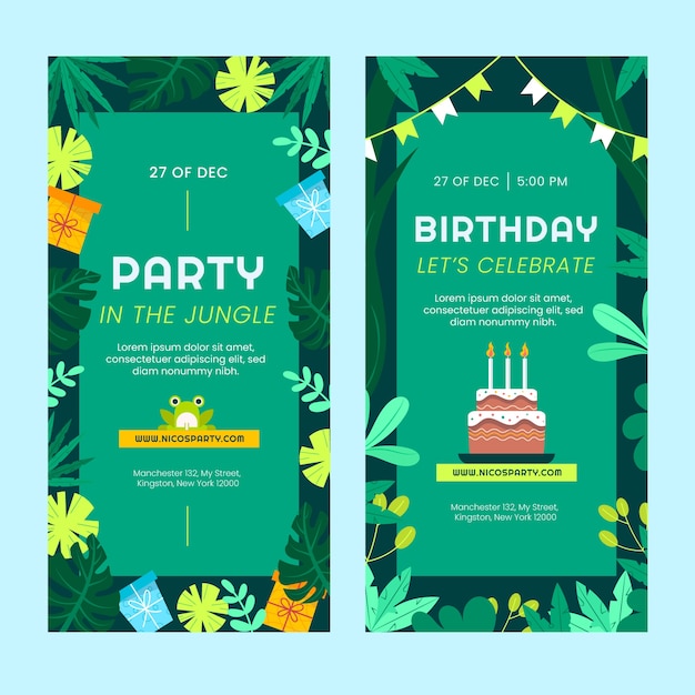 Hand drawn jungle birthday party vertical banners