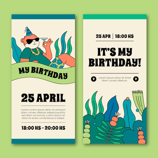 Hand drawn jungle birthday party vertical banners