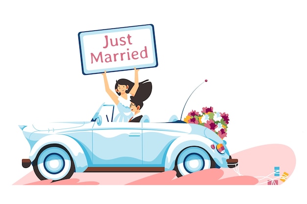 Hand drawn just married car illustration