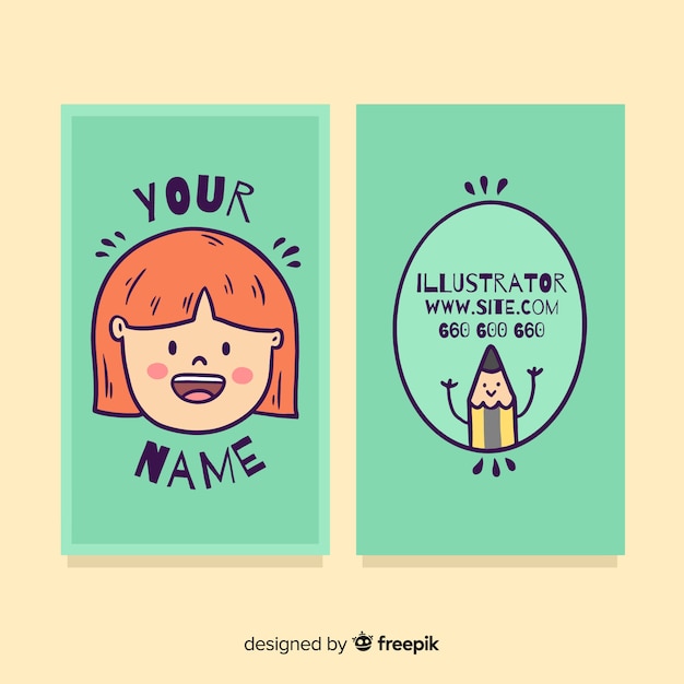 Hand drawn kawaii character business card template