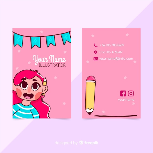 Hand drawn kawaii character business card template